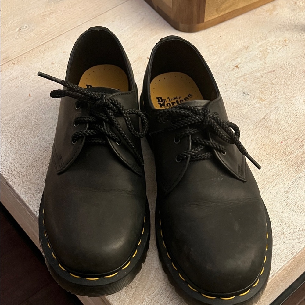 Dr. Martens Black Leather Oxfords with Yellow Stitching